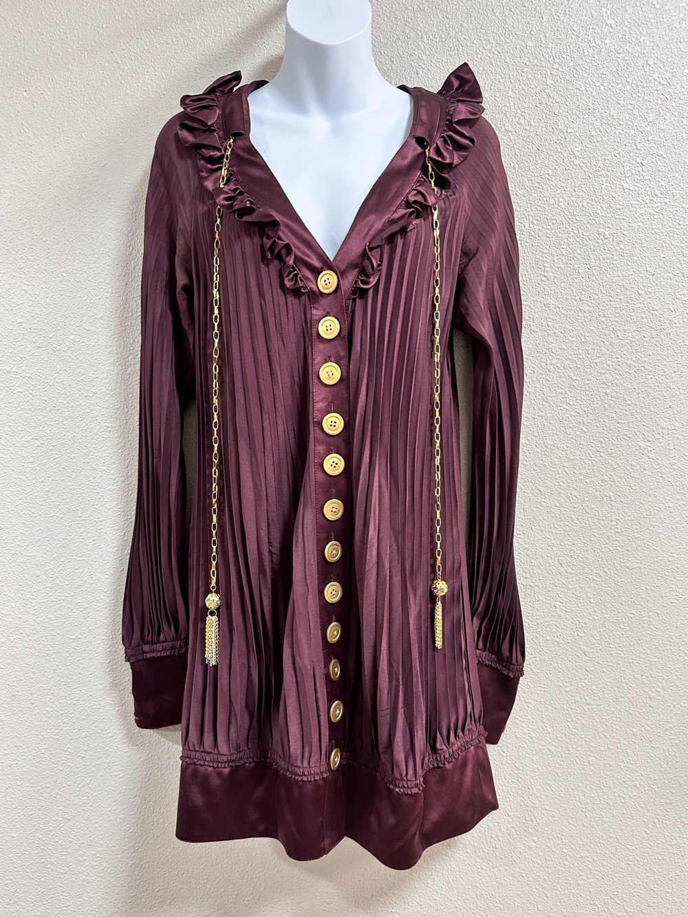 Meghan LA 100% Silk Vintage Style Burgundy Pleated V-neck Tunic Mini Dress Small